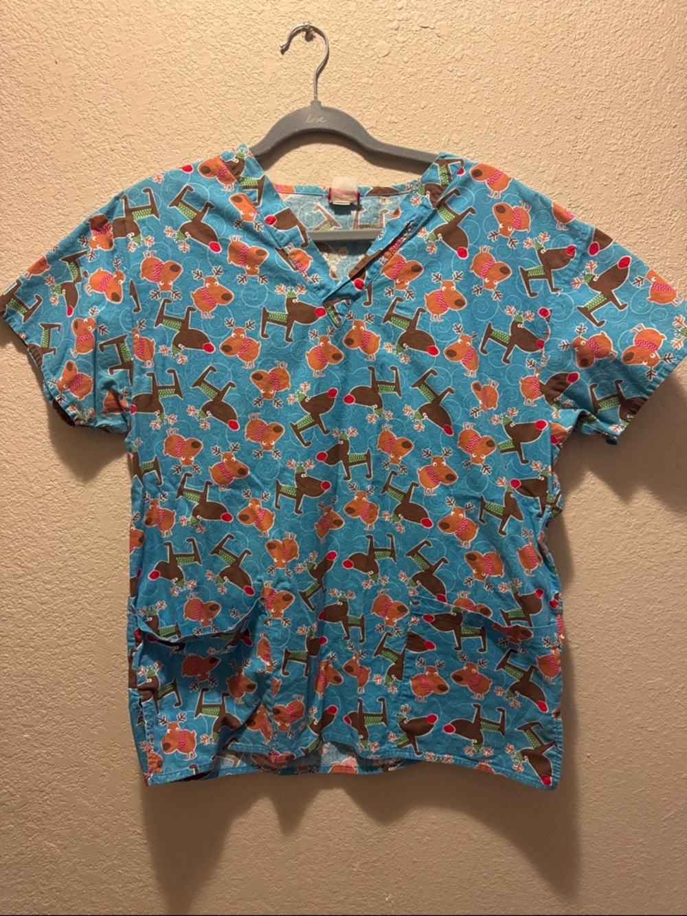 Blue Reindeer Christmas Print Scrub Top